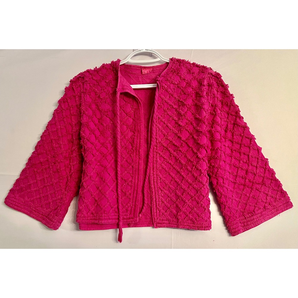 Vintage Premiere Tufting Hot Pink Lattice Knit Crop Jacket Shag Diamond